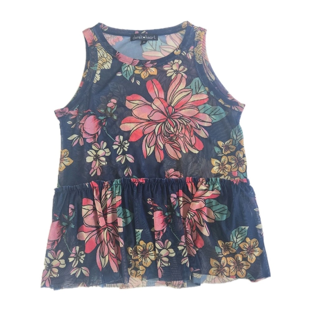 Derek Heart Mesh Peplum Floral Navy Fairy Boho Cottage Botanical Y2K Medium
